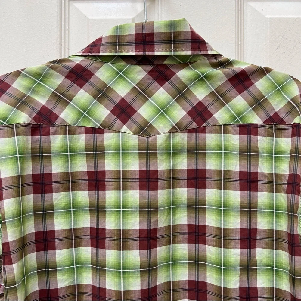 Banana Republic Green Brown Plaid Western Pearl Snap Shirt Boho Cowboy Grunge